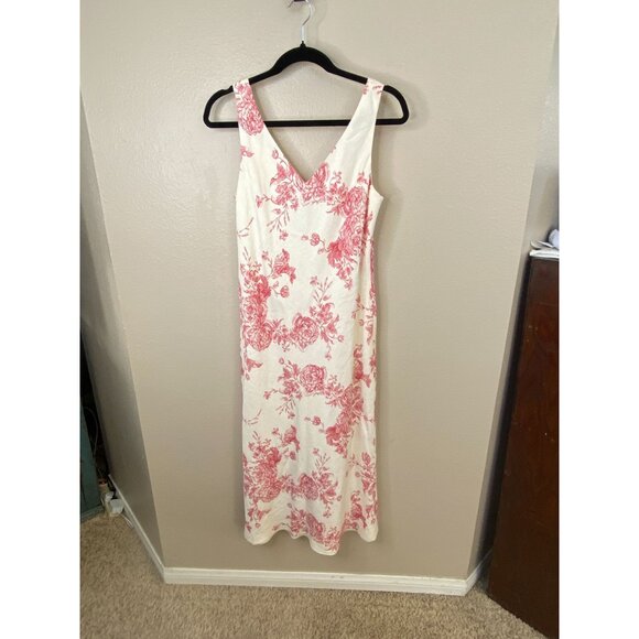 Jones New York Womens Red & White Floral Midi Dress Linen 12 Sleeveless V-Neck - Picture 1 of 7